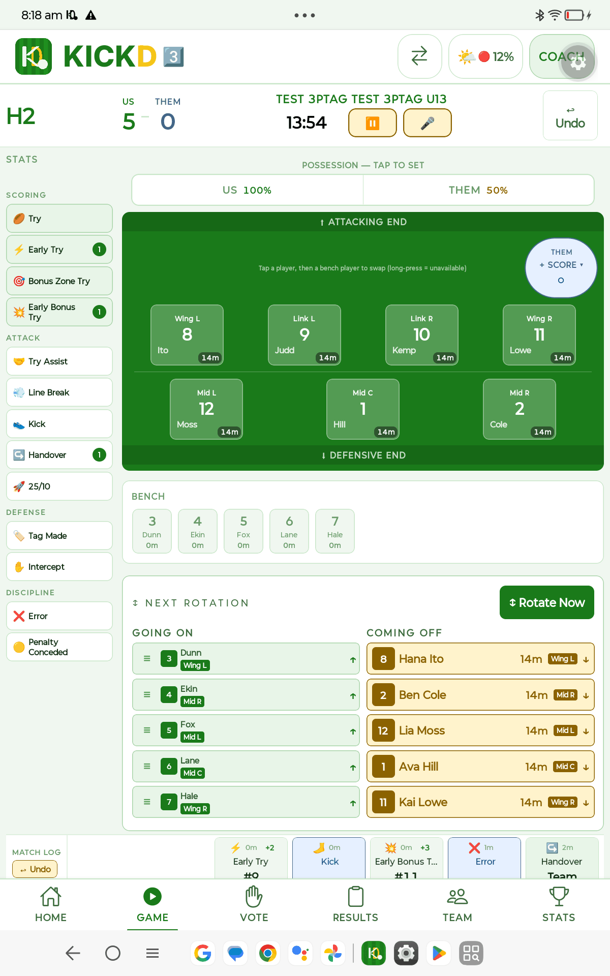 Kickd 3PTAG live match view on tablet