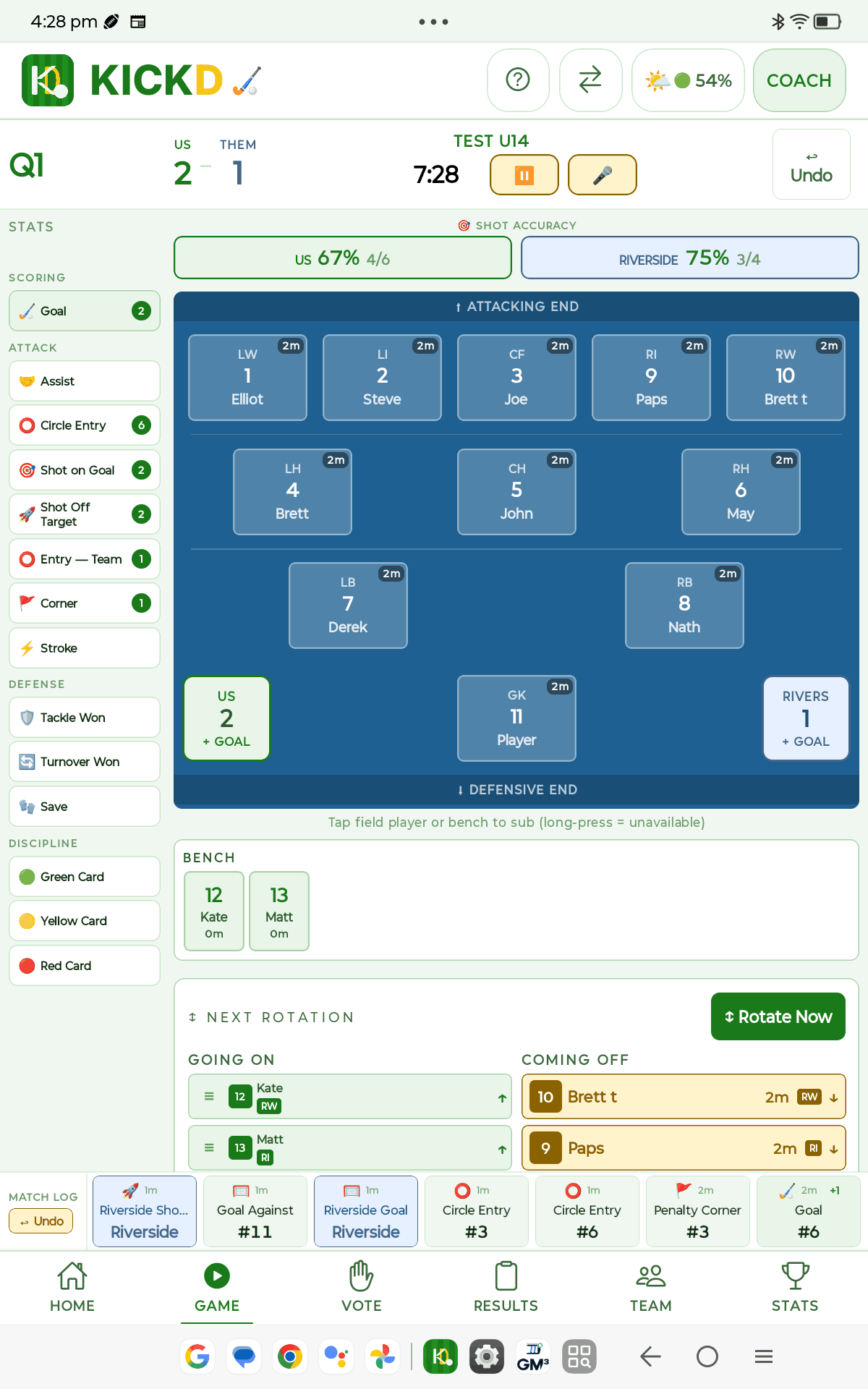 Kickd HOCKEY live match view on tablet