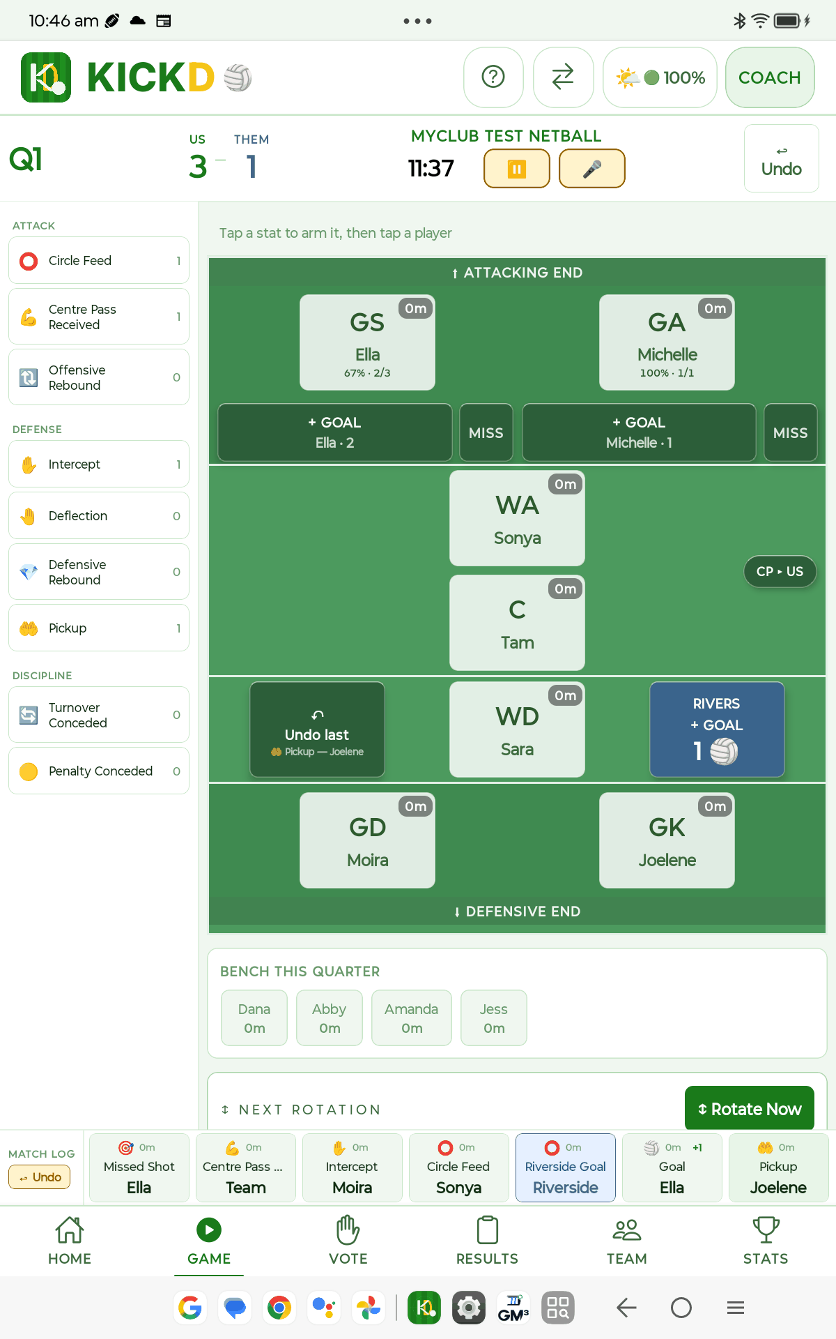 Kickd NETBALL live match view on tablet