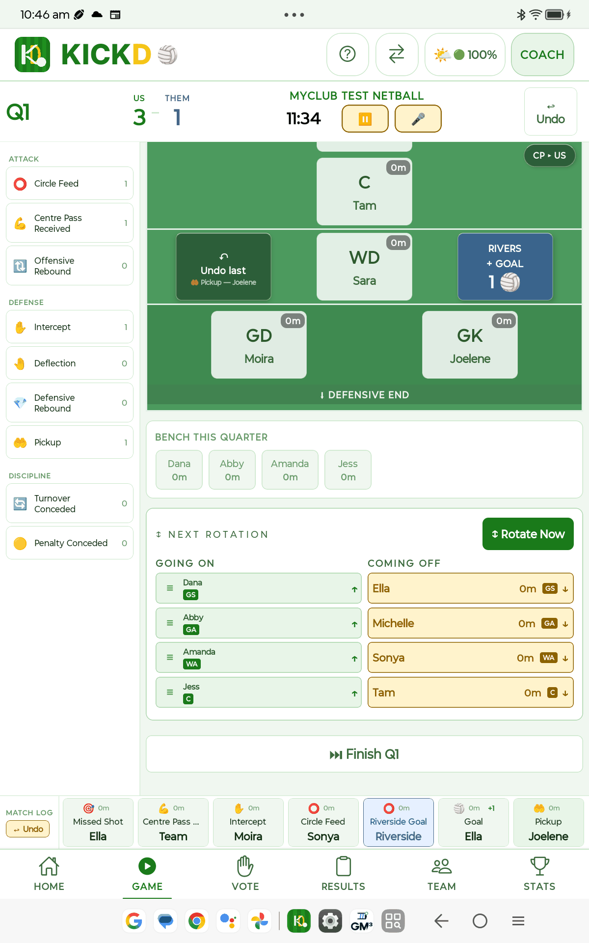 Netball rolling-subs rotation card on tablet showing paired substitutions by court third