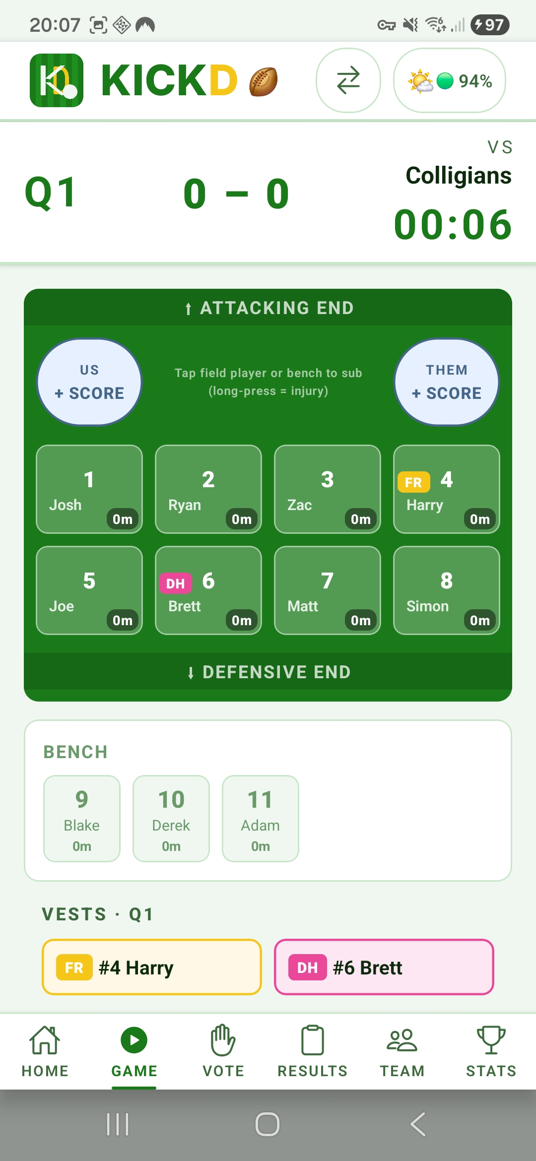 Kickd live junior field on a phone — First Receiver (yellow) and Dummy Half (pink) vests assigned to players