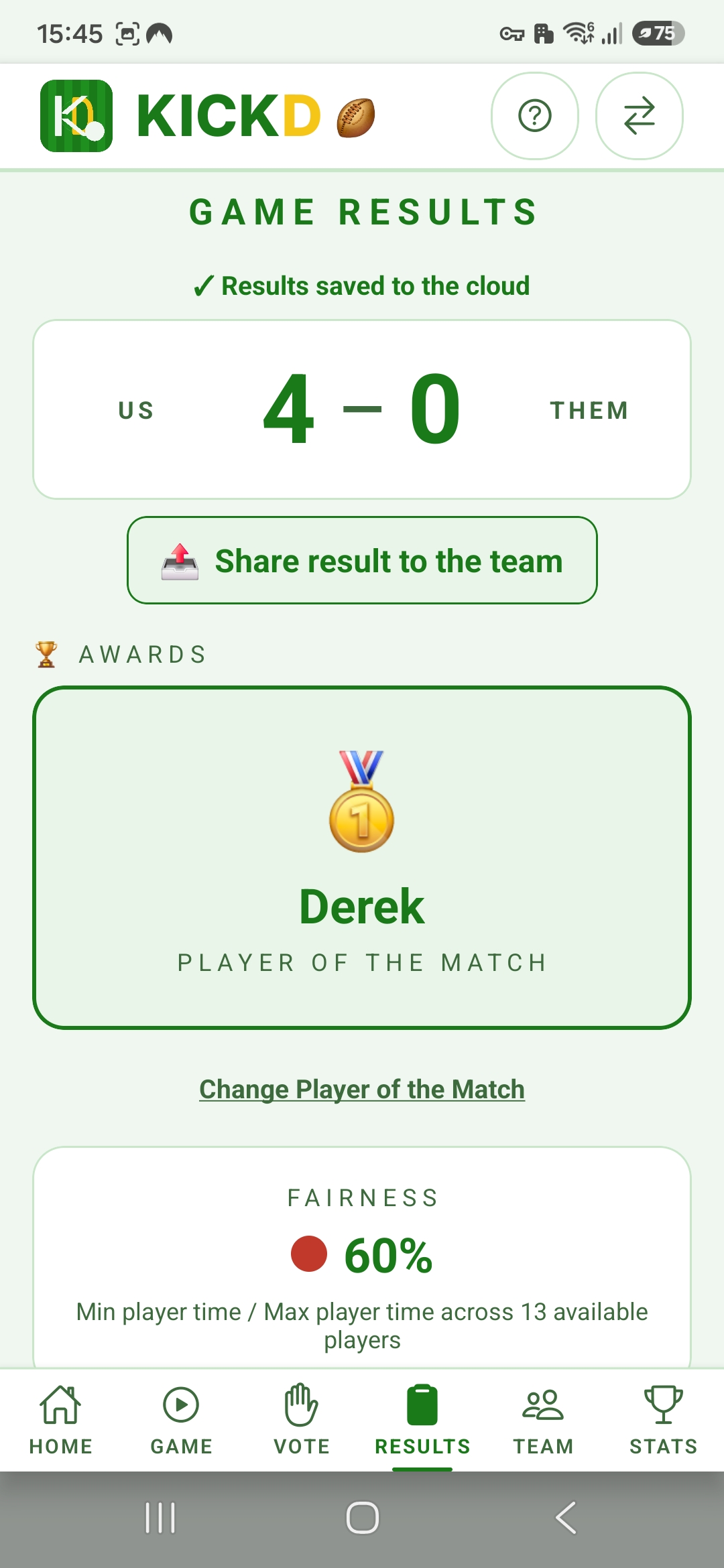 Kickd full-time results on a phone — final score, Player of the Match and the fairness percentage