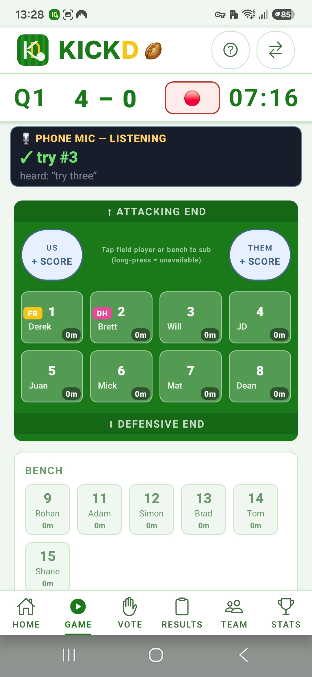Kickd live junior rugby league field on a phone — numbered slots, with the First Receiver and Dummy Half vests and a try logged by voice