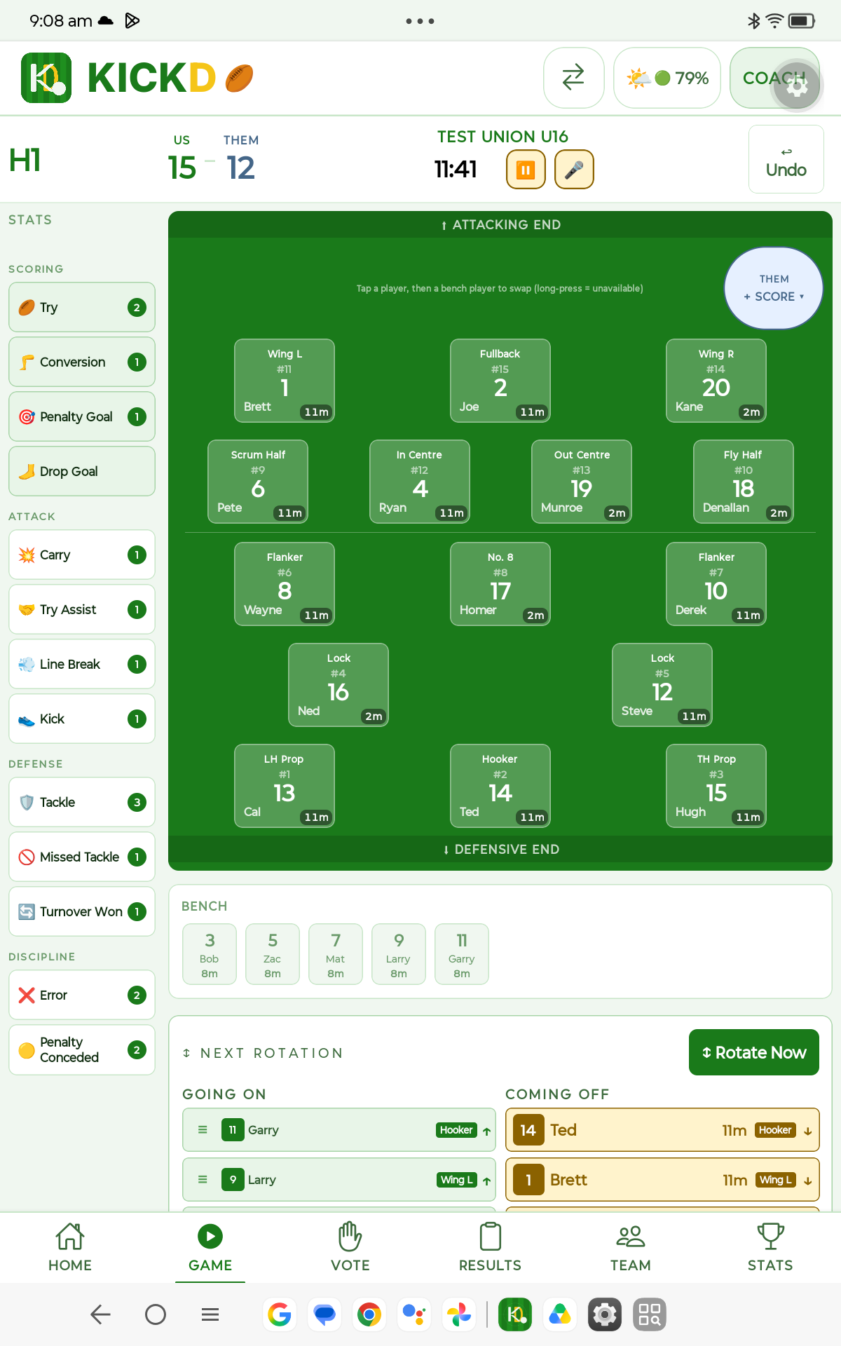 Kickd RUGBY UNION live match view on tablet