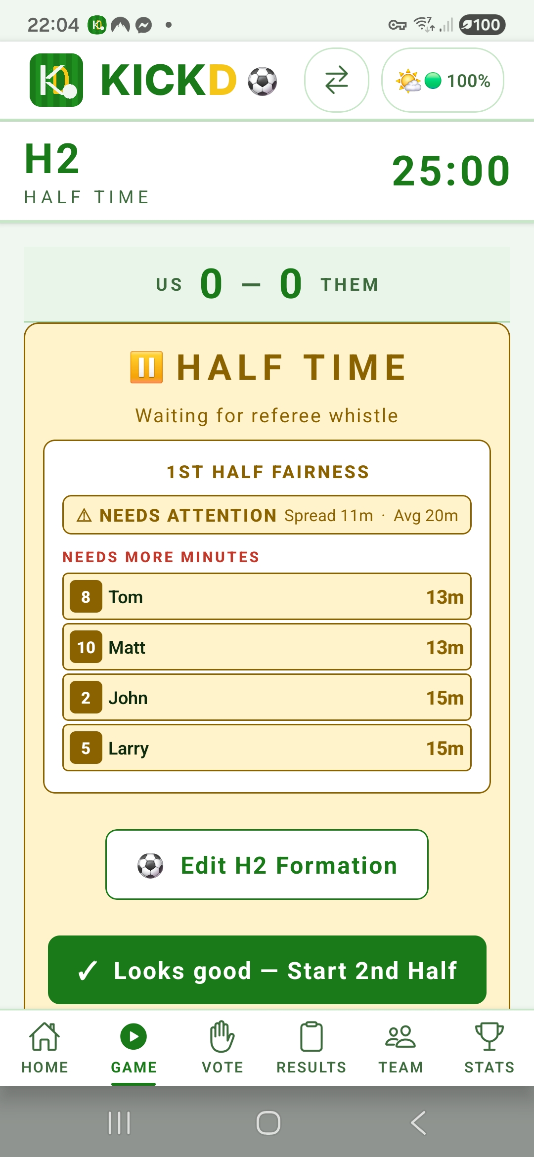 Soccer playing time fairness tracking in Kickd
