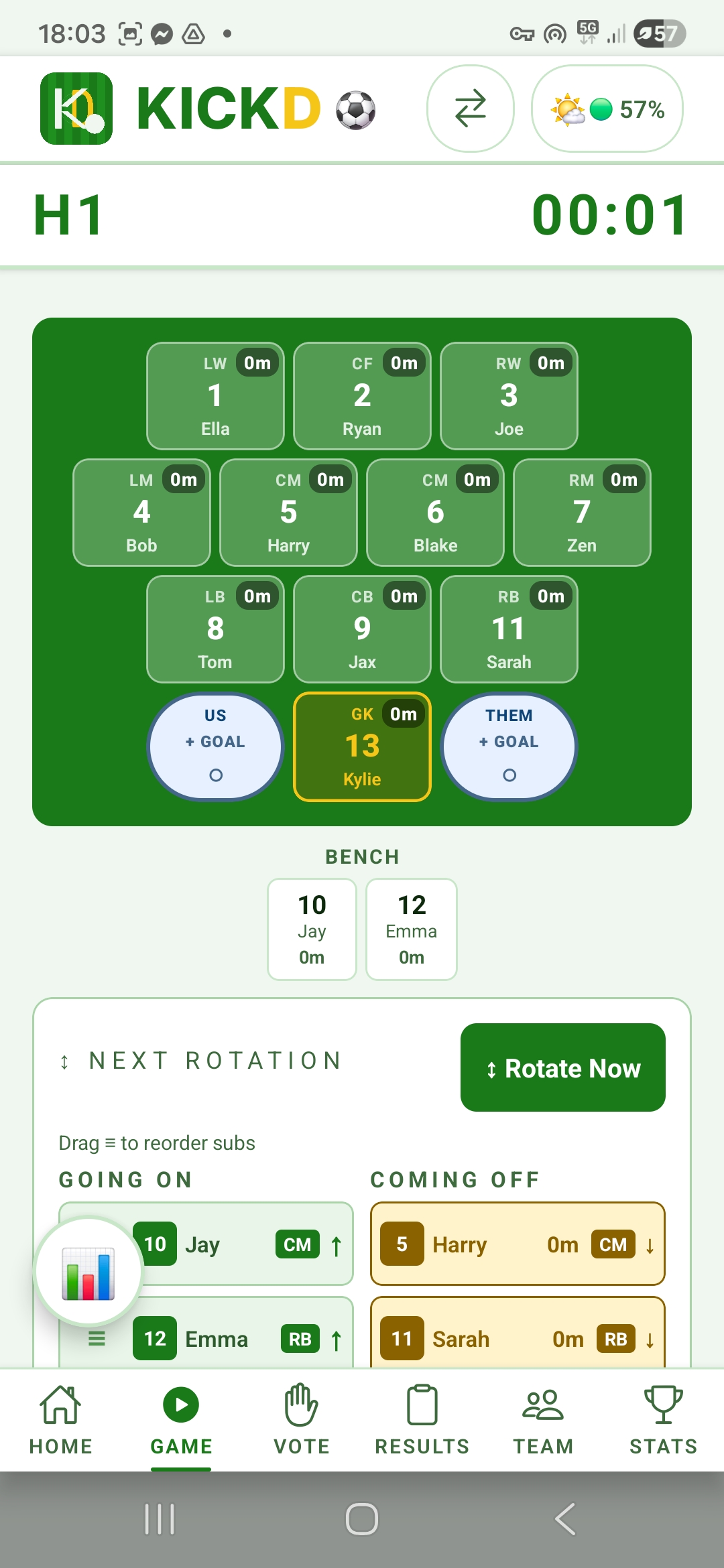 Soccer live game field view in Kickd