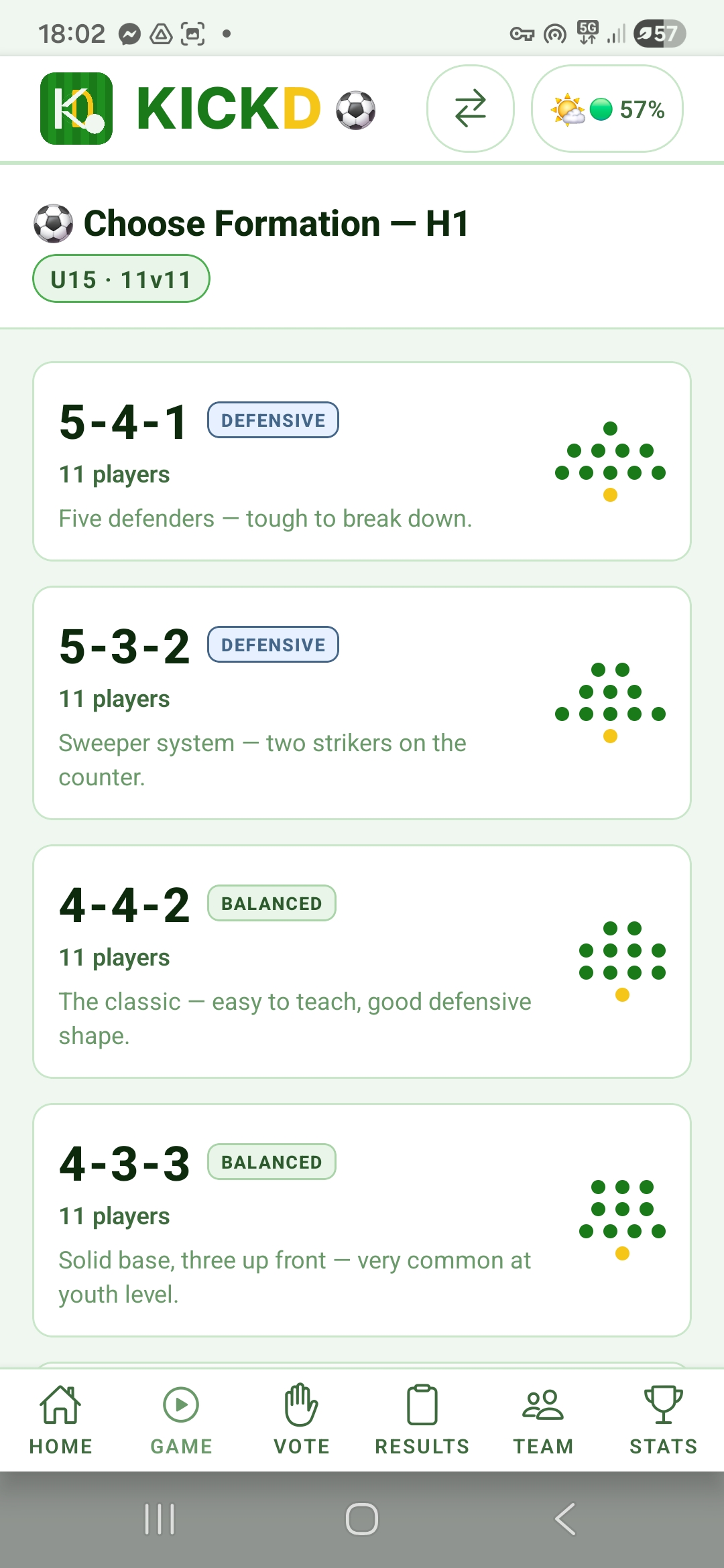 Soccer formation setup in Kickd