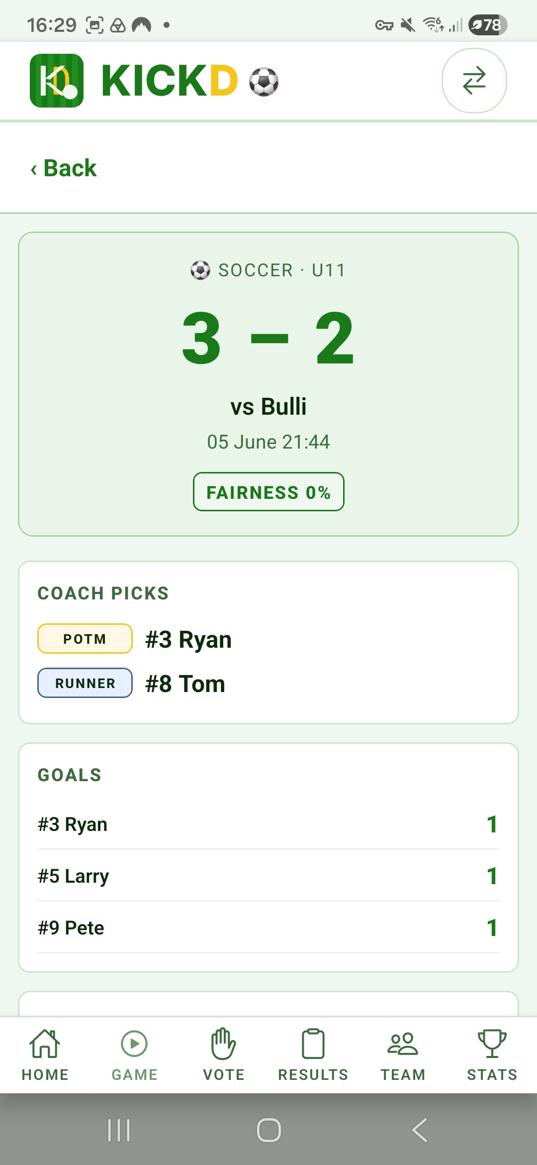 Soccer match stats in Kickd