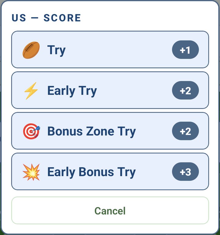 US score menu: Try +1, Early Try +2, Bonus Zone Try +2, Early Bonus Try +3
