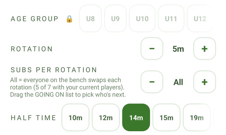 The TEAM tab: age group, rotation, subs per rotation and half time