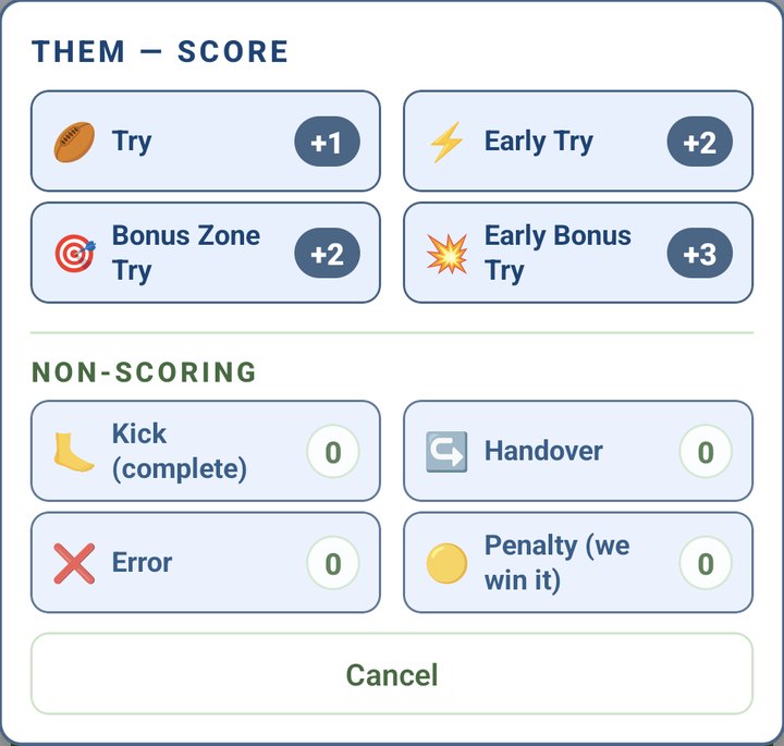THEM score menu: four tries by value, then Kick, Handover, Error and Penalty (we win it)