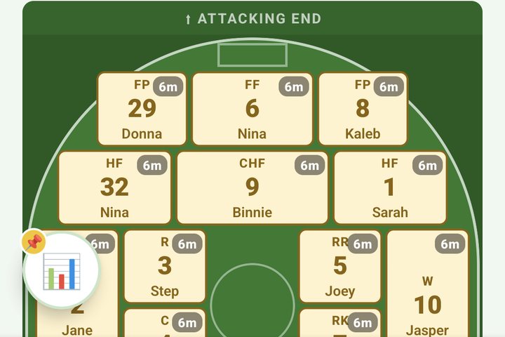 The live oval with every player highlighted, waiting for a tap on the goal kicker