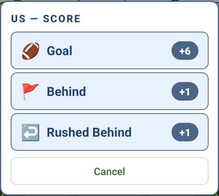US SCORE menu: Goal +6, Behind +1, Rushed Behind +1, and Cancel