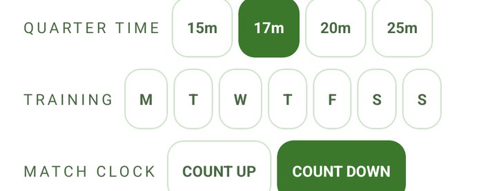 TEAM tab: QUARTER TIME chips with 17m selected, TRAINING days, and MATCH CLOCK set to COUNT DOWN