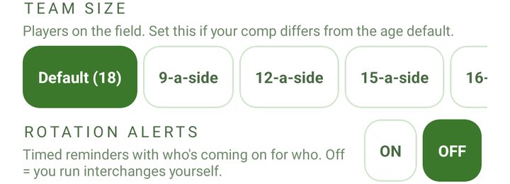 TEAM tab: TEAM SIZE chips from Default (18) to 16-a-side, and ROTATION ALERTS with OFF selected