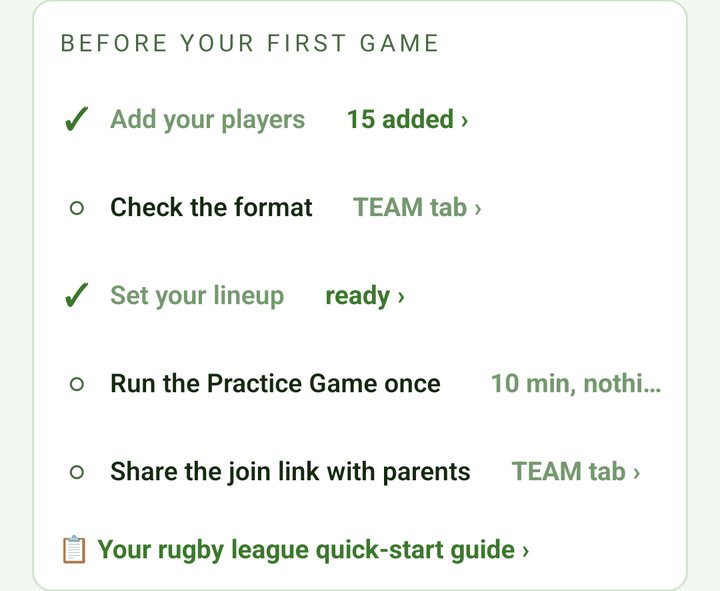 HOME checklist, Before your first game: add your players, check the format, set your lineup, run the Practice Game once, share the join link