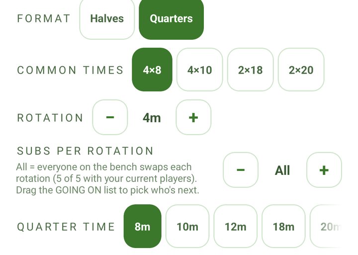 The TEAM tab: format, common times, rotation, subs per rotation and quarter time
