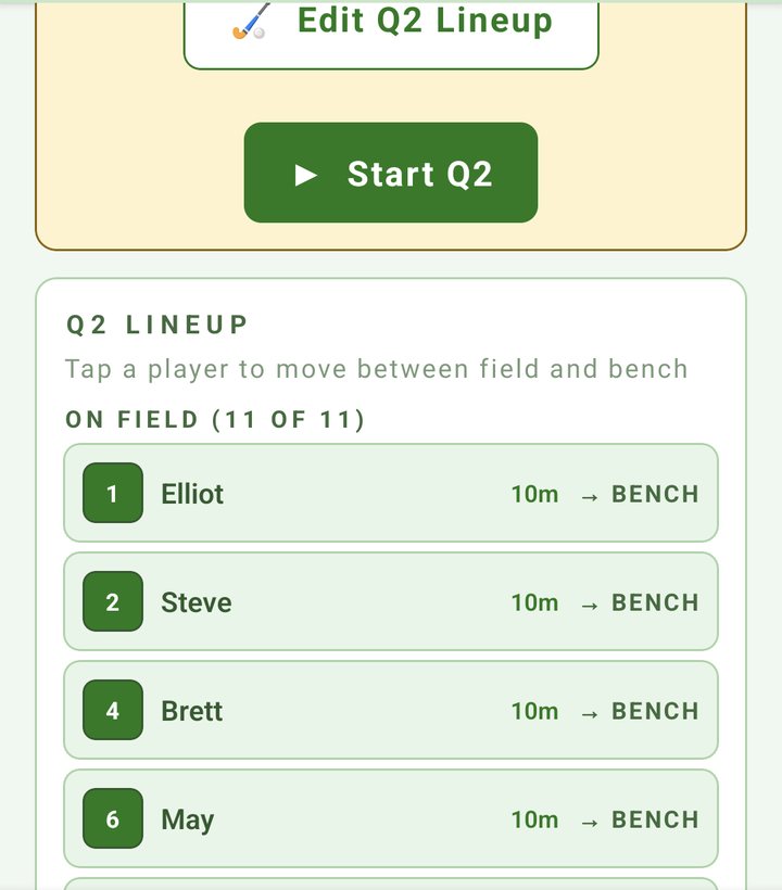 A quarter break: Edit Q2 Lineup and Start Q2 buttons above the Q2 LINEUP list, 11 of 11 on the field