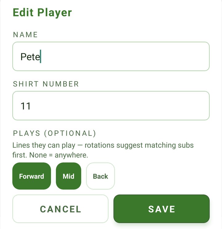Edit Player: name Pete, shirt number 11, and the PLAYS row with Forward and Mid selected and Back not