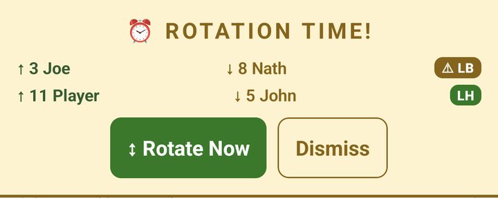 ROTATION TIME! with two swaps, each showing who goes on, who comes off and the position, above Rotate Now and Dismiss