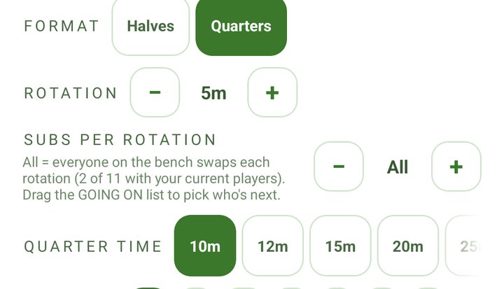 The TEAM tab: FORMAT with Halves and Quarters, Quarters selected, then ROTATION 5m, SUBS PER ROTATION All and the QUARTER TIME chips