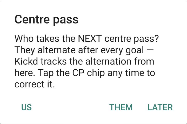 Centre pass dialog asking who takes the next centre pass, with US, THEM and LATER buttons