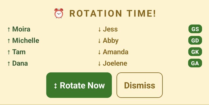 ROTATION TIME! with four players going on and four coming off, each with their bib, and Rotate Now and Dismiss buttons