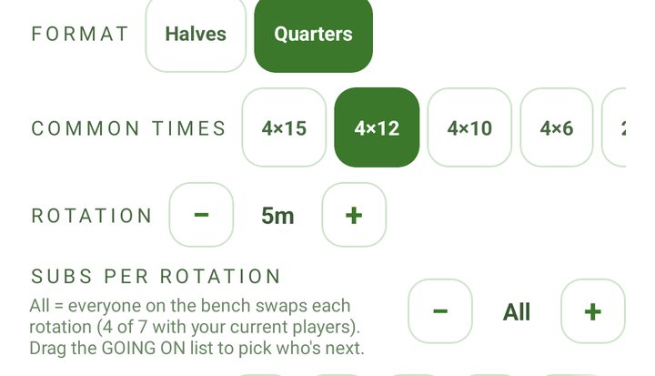 The TEAM tab: FORMAT set to Quarters, COMMON TIMES with 4×12 picked, then the ROTATION and SUBS PER ROTATION rows