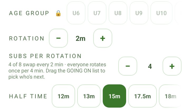 The TEAM tab: age group, rotation, subs per rotation and half time