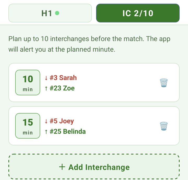 The IC 2/10 tab with two planned interchanges, at 10 and 15 minutes, and + Add Interchange