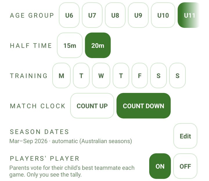 The TEAM tab on a U11 team: age group, half time, training days, match clock, season dates and players' player