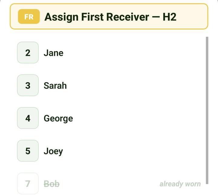 Assign First Receiver H2 picker with Bob greyed out as already worn