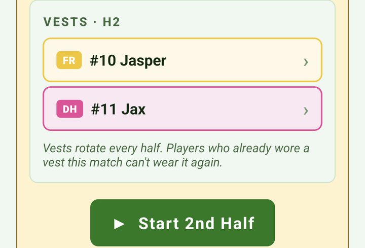 VESTS H2 at the break: FR on #10 Jasper and DH on #11 Jax, above Start 2nd Half