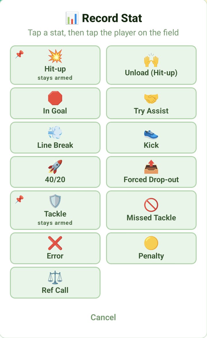 Record Stat grid: Hit-up and Tackle marked stays armed, plus the other stats, Penalty and Ref Call