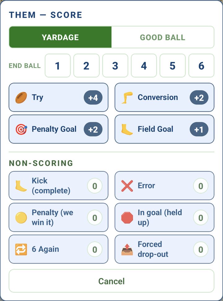 THEM score menu: Yardage or Good Ball, END BALL 1 to 6, the four scores, then kick, error, penalty, in goal, 6 again and forced drop-out