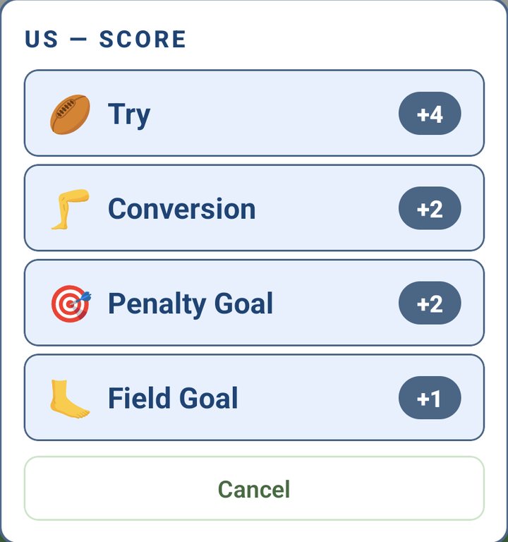 US score menu: Try +4, Conversion +2, Penalty Goal +2, Field Goal +1