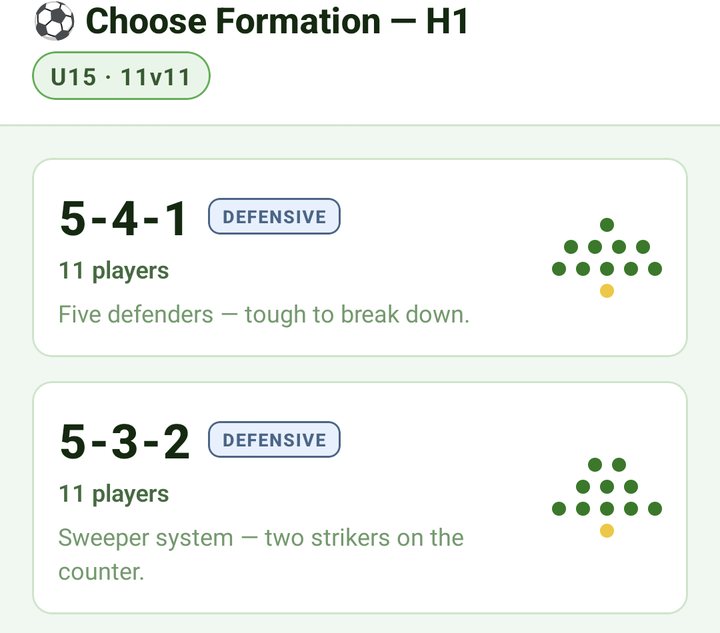 Choose Formation for H1, U15 11v11: 5-4-1 and 5-3-2 cards, each tagged DEFENSIVE with a dot diagram of the shape