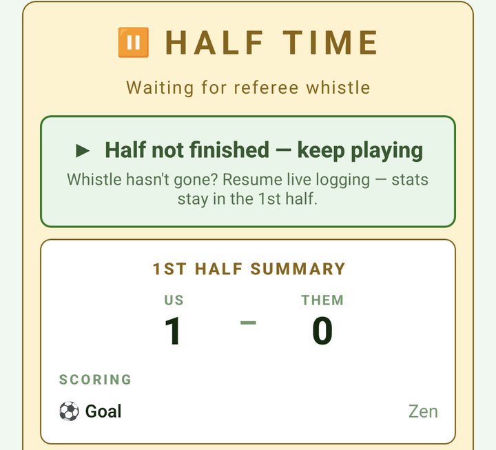 Half time card with the 1st half summary: 1 - 0, goal to Zen