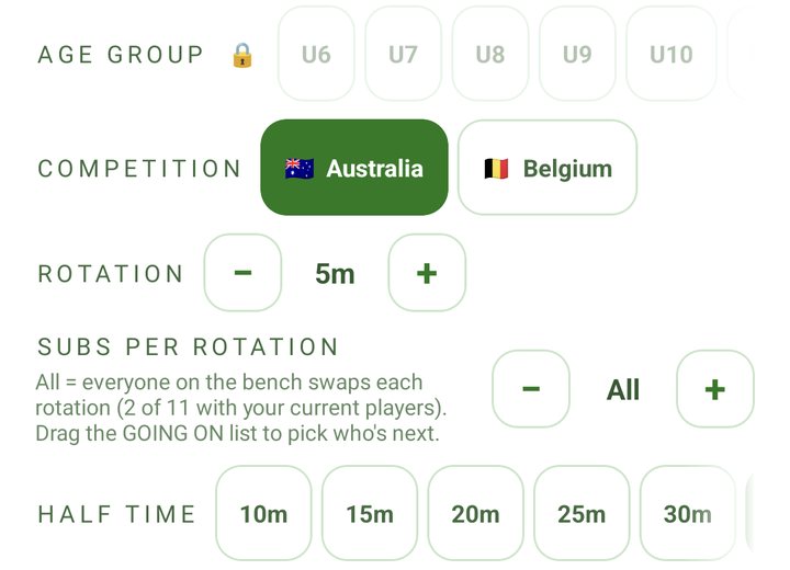 The TEAM tab: age group, competition, rotation, subs per rotation and half time