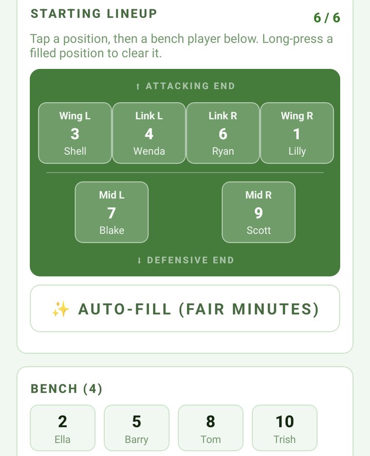 Starting lineup after Auto-fill: wings, links and middles, with the bench below