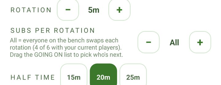 The TEAM tab: rotation, subs per rotation and half time
