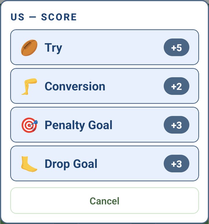 US score menu: Try, Conversion, Penalty Goal, Drop Goal