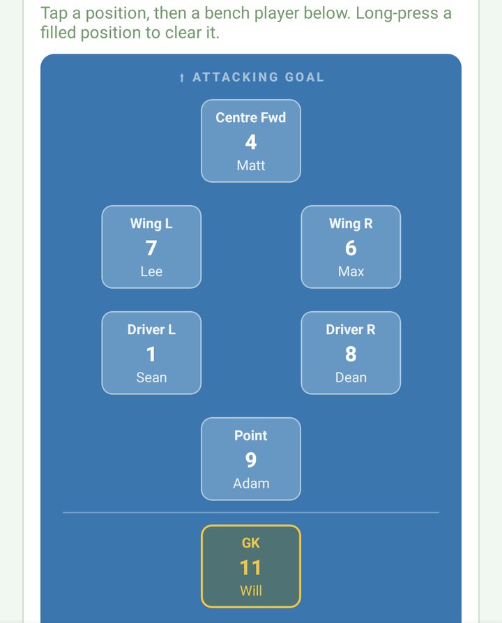 Starting seven after Auto-fill: centre forward, wings, drivers, point and goalie