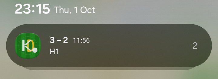 Phone notification from Kickd showing a score of 3 to 2, a clock reading 11:56 and the period H1