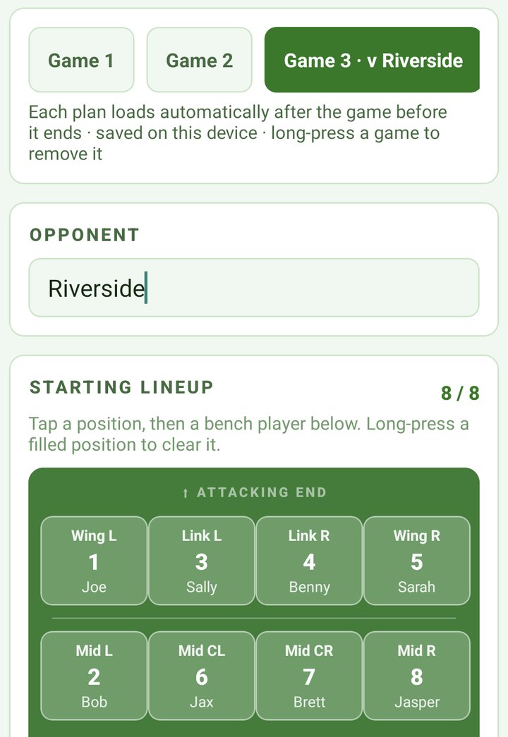 Lineup screen with three games planned, the third against Riverside with all eight positions filled