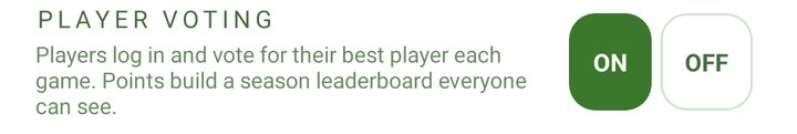 Player Voting setting switched on: players log in and vote for their best player each game, building a season leaderboard