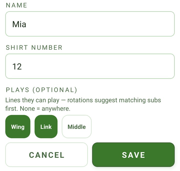 Edit Player screen with Wing and Link selected under Plays, and Middle unselected