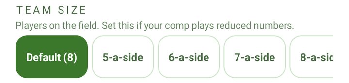 Team Size row with Default (8), 5-a-side, 6-a-side, 7-a-side and 8-a-side