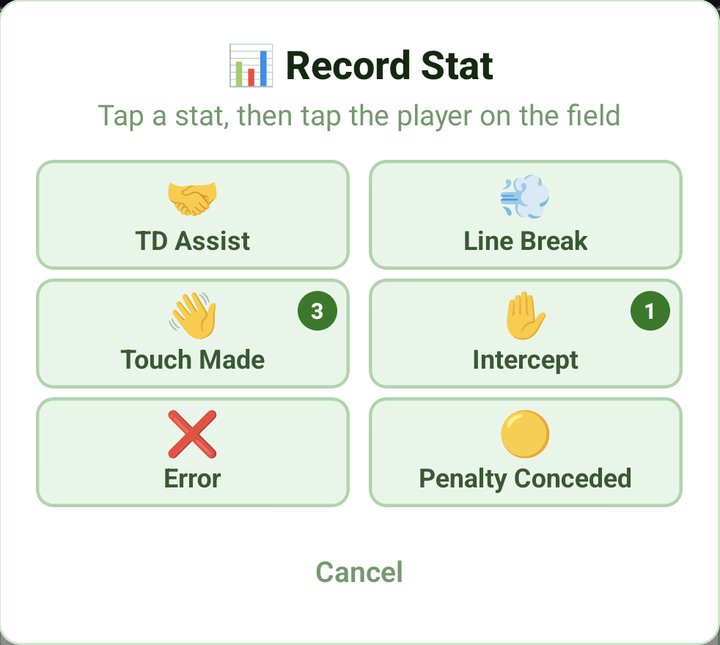 Record Stat panel with TD Assist, Line Break, Touch Made, Intercept, Error and Penalty Conceded